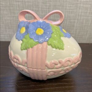 Vintage Hand Painted Floral Ceramic Trinket Easter Egg Pink Blue Candy Dish 1970